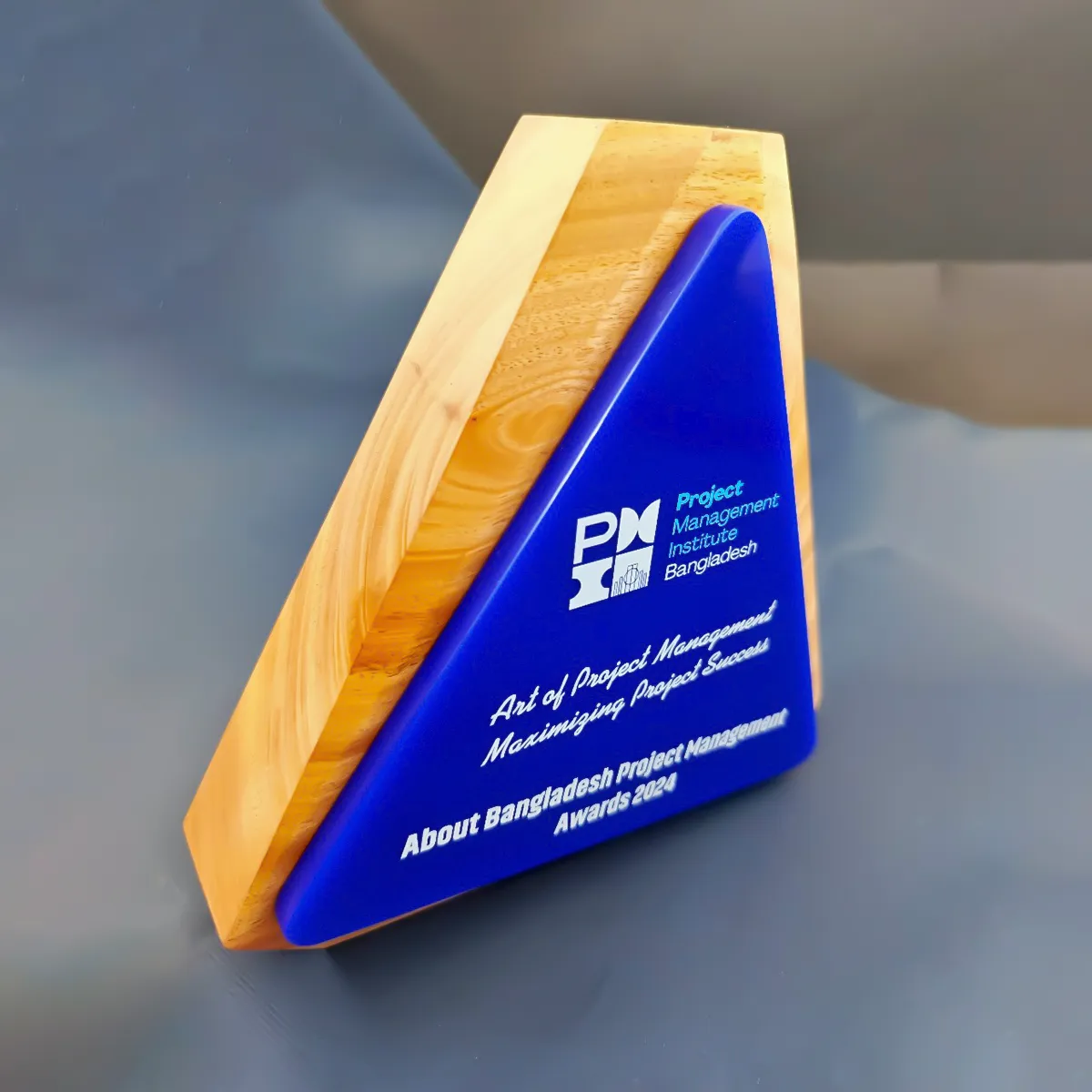 Custom Triangular Wooden and Blue Acrylic Corporate Recognition Award